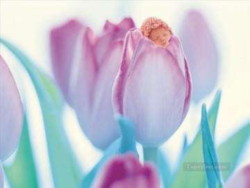  durmiente Pintura - Genio durmiente en hada tulipán púrpura original
